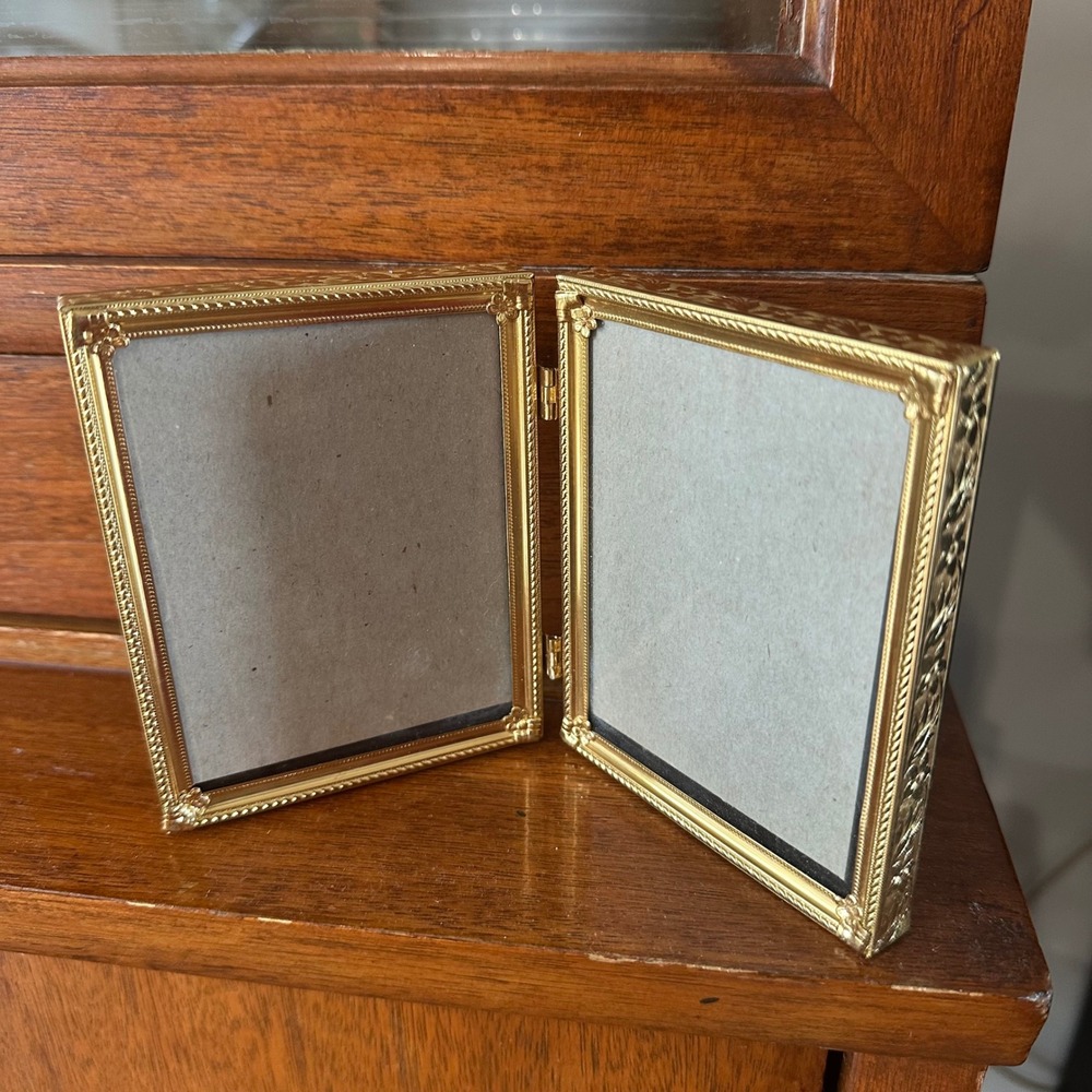 VTG Gold Double Hinged Picture Frame Floral Embossed Folding 3x4 Portrait MCM